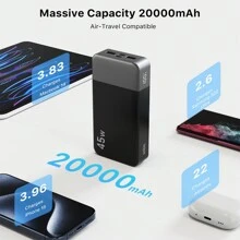 Cargador portátil Nobis, capacidad de 20000 mAh, paquete de batería de 45 W con carga rápida, paquete de batería con cable de conexión C a C, paquete de batería con pantalla digital para todos los modelos de teléfonos móviles, tabletas, computadoras.