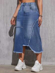 Váy denim tua rua thời trang thanh lịch bất đối xứng dành cho nữ, dài đến đầu gối - Rửa trung bình - Xem 4