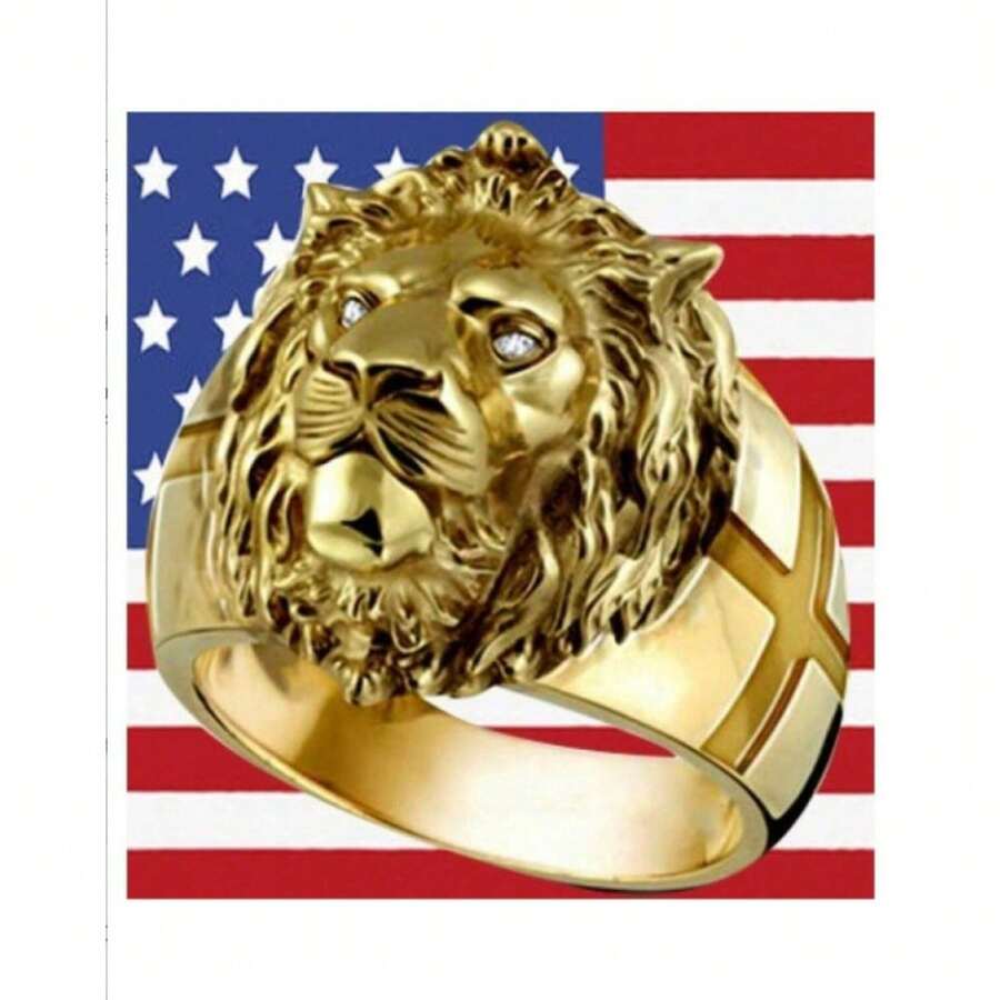Anillo con cabeza de león chapado en oro, anillo de banda con cruz personalizado para hombres, joyería para hombres