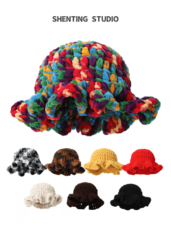 1pc Women's Handmade Knitted Solid Color Pleated Ruffle Brim Bucket Hat, Exaggerated Design, Fashionable Winter Beanie