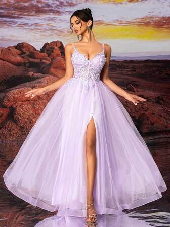 Purple Slip Dress Tulle Long A Line Sparkly Bead Embroidery Ball Dress, Elegant Semi Formal Prom Dress, For Birthday, Wedding Guest, Graduation Homecoming Party Dress