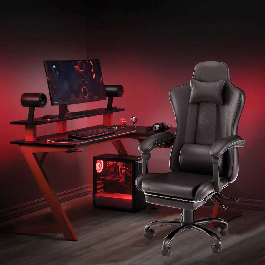 LILIIN Gaming Chair PU Leather Office Chair Ergonomic PC Chair With Footrest Adjustable And Rotating Desk Chair Swivel Chair With Rocking Function - Black - View 1