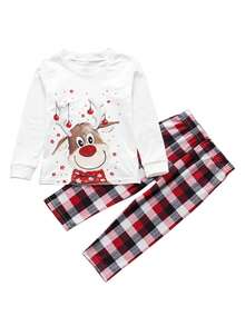 Christmas Family Pajama Set, Reindeer Pattern Top + Long Stretch Pants Loungewear Set, Suitable For A Family Of Three, Christmas Loungewear Set, Parent-Child Set. - 白色 - 查看 6