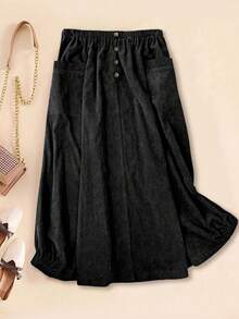女士纽扣口袋时尚街头休闲欧美风灯芯绒半身裙 - 黑色 - 查看 3