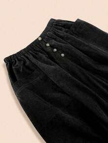 女士纽扣口袋时尚街头休闲欧美风灯芯绒半身裙 - 黑色 - 查看 4