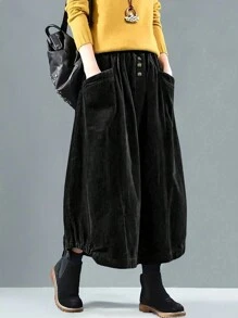 女士纽扣口袋时尚街头休闲欧美风灯芯绒半身裙 - 黑色 - 查看 1