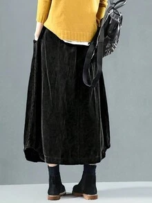 女士纽扣口袋时尚街头休闲欧美风灯芯绒半身裙 - 黑色 - 查看 2