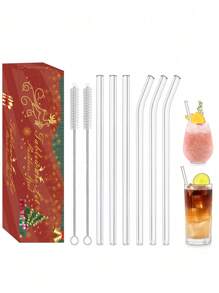6 件/12 件可重复使用玻璃吸管，配有 2 个清洁刷和圣诞礼品盒，尺寸：7.8 英寸 X 0.31 英寸，透明玻璃吸管带清洁刷，非常适合果汁、冰沙和鸡尾酒，完美的圣诞礼物 - 無色 - 查看 9