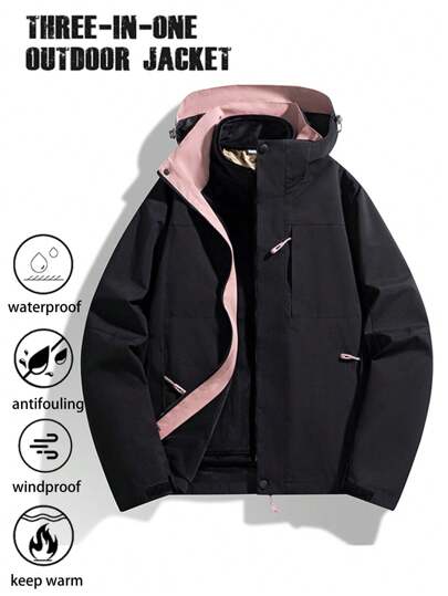 1pc Women's Outdoor Sports Hiking Camping Skiing Windproof Waterproof Fleece Detachable 3-In-1 Heated Hooded Jacket,Winter,Skiing