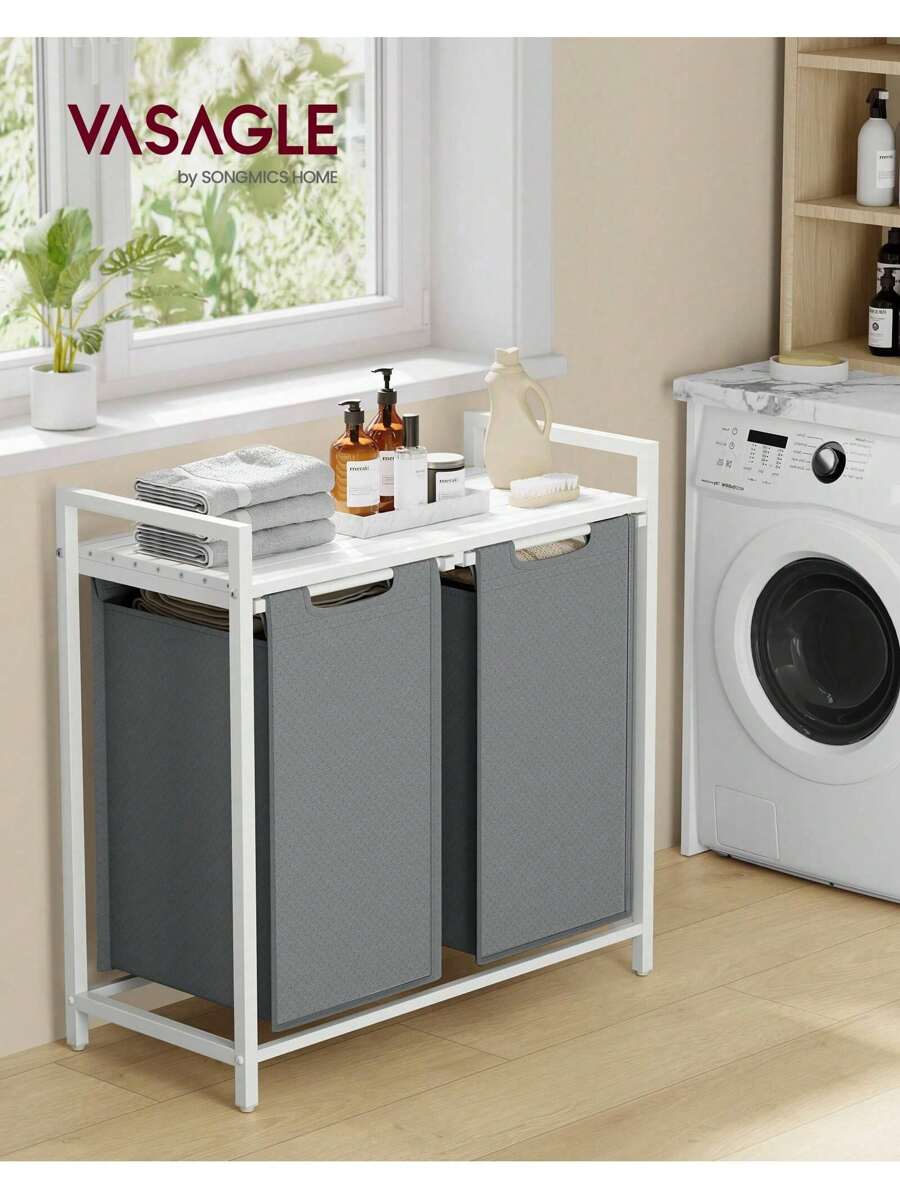VASAGLE Cesto Portabiancheria, Porta Biancheria, 2 Sacchi in Tessuto Oxford Estraibili e Rimovibili, Piano d'Appoggio, Struttura Metallo, 2 x 46L, 73 x 33 x 72 cm, Bianco e Grigio Chiaro - Grigio - Visualizzare 1