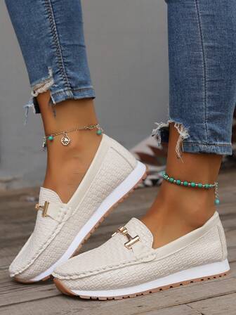 Plus Size Women Casual Versatile Cream-White Woven Breathable Metal Button Slip-On Loafer Shoes, Suitable For Commute & Holiday Wear, Spring Autumn