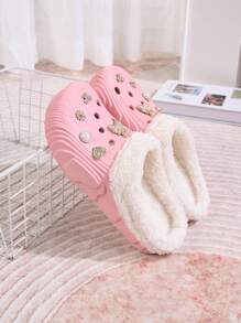 新款冬季女士毛绒羊毛拖鞋，带 DIY 鞋夹，优雅可爱的一脚蹬拖鞋，带 EVA 防滑鞋底，柔软温暖的室内拖鞋，静音拖鞋，加大码 - 粉色 - 查看 3