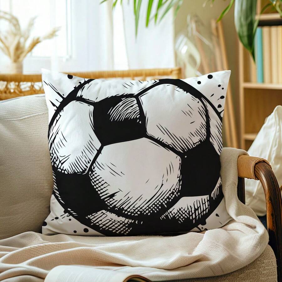 1 pièce Housse de coussin minimaliste noir et blanc de football, imprimée sur un seul côté en tissu peluche, 45*45/50*50/40*40CM. Housse de coussin convenant à la décoration moderne du salon et canapé, cadeau - Multicolore - Voir 1
