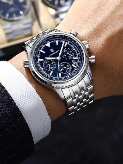 POEDAGAR 1pc Men Quartz Watchs, Stainless Steel Multi Function Date Chronograph Waterproof Luminous Pointer Watch, Wristwatches Business Occasions view 11