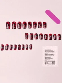 Móng tay giả sọc bóng màu đỏ rượu vang dài vừa phải, đầu móng vuông đa năng, sọc đen, miếng dán móng ombre màu đỏ - Màu Đỏ Sâu - Xem 4