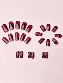 Móng tay giả sọc bóng màu đỏ rượu vang dài vừa phải, đầu móng vuông đa năng, sọc đen, miếng dán móng ombre màu đỏ - Màu Đỏ Sâu - Xem 3