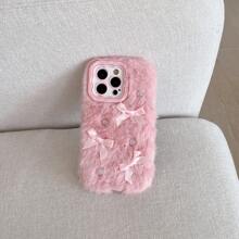 新款秋冬3D珍珠蝴蝶结毛绒手机壳，兼容 17 Pro Max/17 Pro/14、15 Pro Max/15 Pro/15、16 Pro Max/16 Pro/16、13 Pro Max，简约设计，带支架功能，适合女性使用 - 粉色 - 查看 3