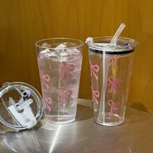 Bowknot Print Transparent Plastic Cup, Casual Water Bottle For Everyday Use Back To School