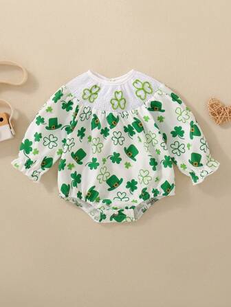 女婴幸运四叶草刺绣绿帽和长袖连体衣套装，清新可爱，圣帕特里克节必备婴儿服装