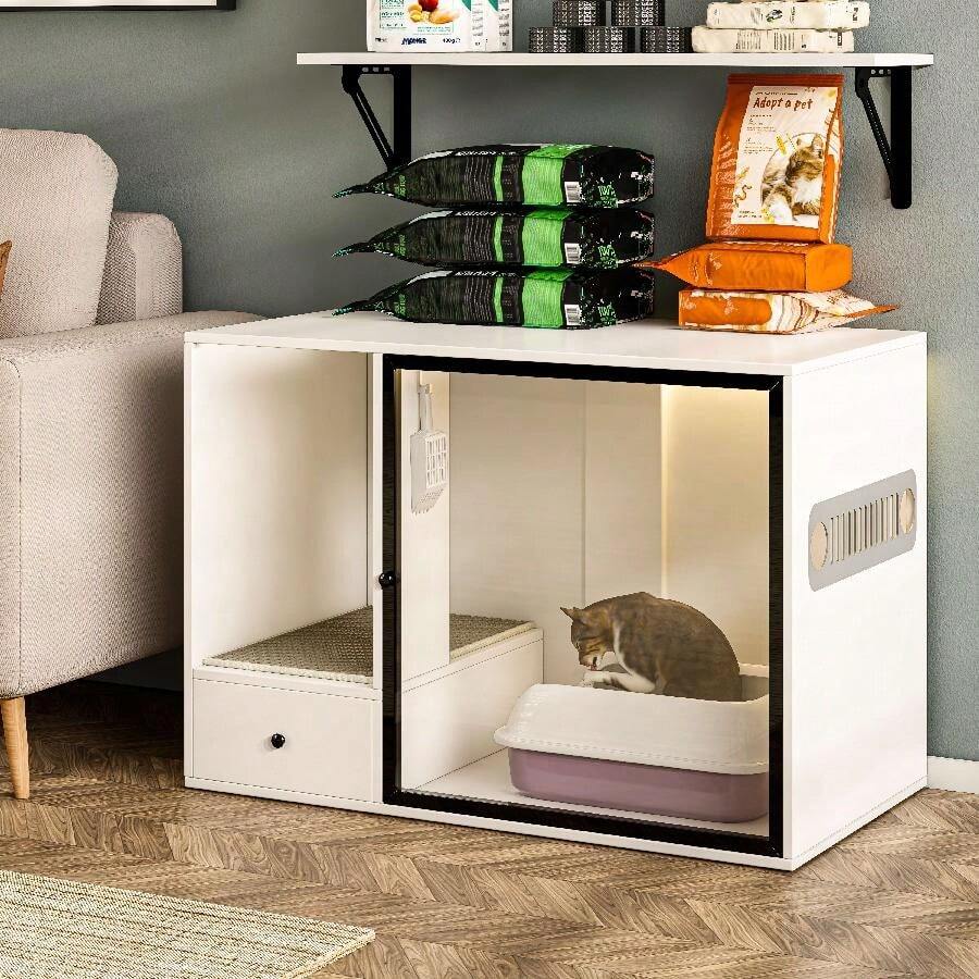 ATJafurn Cat Litter Box Enclosure Furniture Style White Hidden Kitty