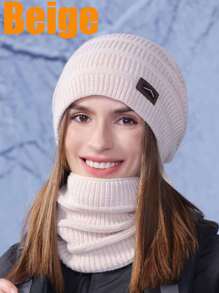 2 件套：时尚女士冬季针织帽、厚羊毛帽、保暖面罩、无缝针织帽、双面羊毛衬里无檐便帽，男女皆宜 - 彩色 - 查看 6