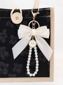 1 Elegant Faux Pearl And Bow Decoration Keychain Pendant With Creative Colorful Woven Ribbon Fabric Knot Accessories, Headphone And Mobile Bag Accessories