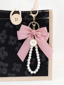 1 Elegant Faux Pearl And Bow Decoration Keychain Pendant With Creative Colorful Woven Ribbon Fabric Knot Accessories, Headphone And Mobile Bag Accessories