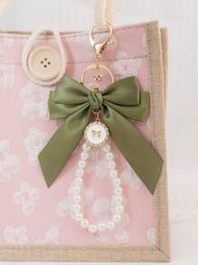 1 Elegant Faux Pearl And Bow Decoration Keychain Pendant With Creative Colorful Woven Ribbon Fabric Knot Accessories, Headphone And Mobile Bag Accessories
