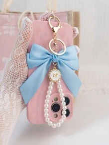 1 Elegant Faux Pearl And Bow Decoration Keychain Pendant With Creative Colorful Woven Ribbon Fabric Knot Accessories, Headphone And Mobile Bag Accessories