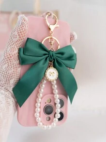 1 Elegant Faux Pearl And Bow Decoration Keychain Pendant With Creative Colorful Woven Ribbon Fabric Knot Accessories, Headphone And Mobile Bag Accessories