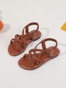 女童圆头低帮 PU 凉鞋 - 透气轻便镂空凉鞋，适合度假海滩、夏季 - 适合 14 岁及以下的可爱学院风经典款式 - 棕色 - 查看 1