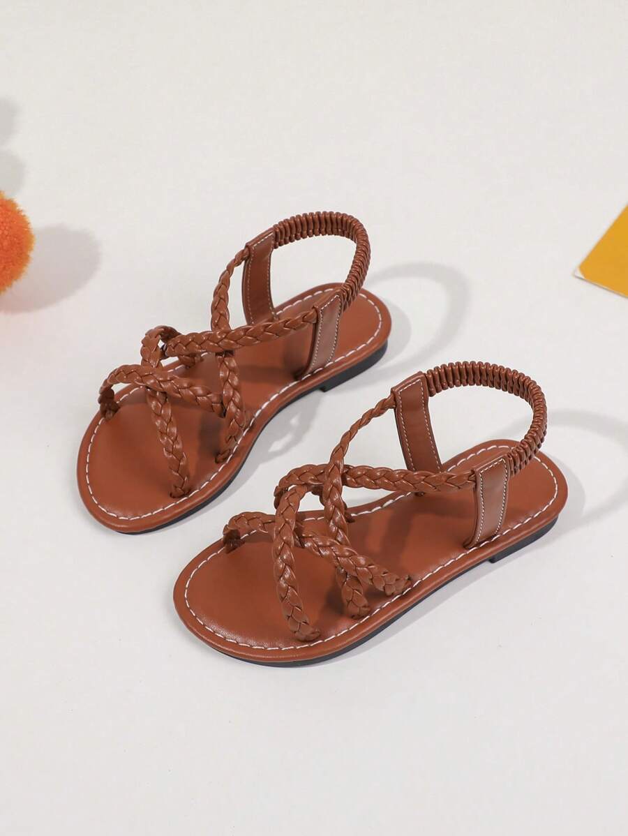 女童圆头低帮 PU 凉鞋 - 透气轻便镂空凉鞋，适合度假海滩、夏季 - 适合 14 岁及以下的可爱学院风经典款式 - 棕色 - 查看 1