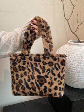 1 pieza Bolso de mano de peluche con estampado de leopardo marrón, bolsa de muñeca, bolso de embrague de uso casual y multiusos para mujeres, bolso de mujer con estampado de leopardo de tendencia, regreso del leopardo
