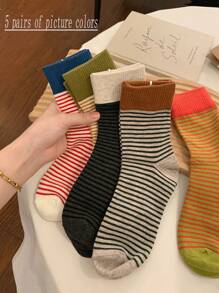 5双/10双女士撞色条纹袜子，复古ins风红色条纹中筒袜，适合夏季和秋冬季 - 彩色 - 查看 5