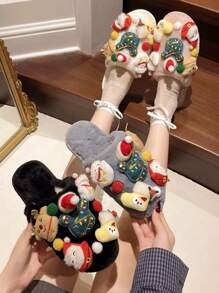 1 双全新可爱圣诞拖鞋，适合女士和青少年，毛绒内衬冬季拖鞋，家庭圣诞风格
