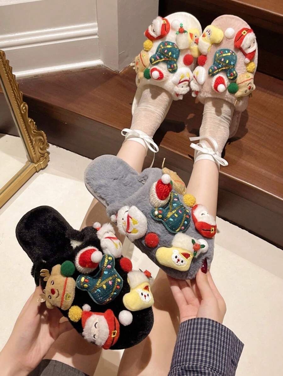 1 双全新可爱圣诞拖鞋，适合女士和青少年，毛绒内衬冬季拖鞋，家庭圣诞风格