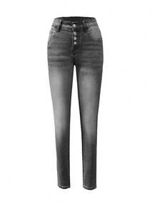 Pocket Button Fly Mid Waist Skinny Ankle Length Jeans, Casual Everyday Wear - Grey - View 6