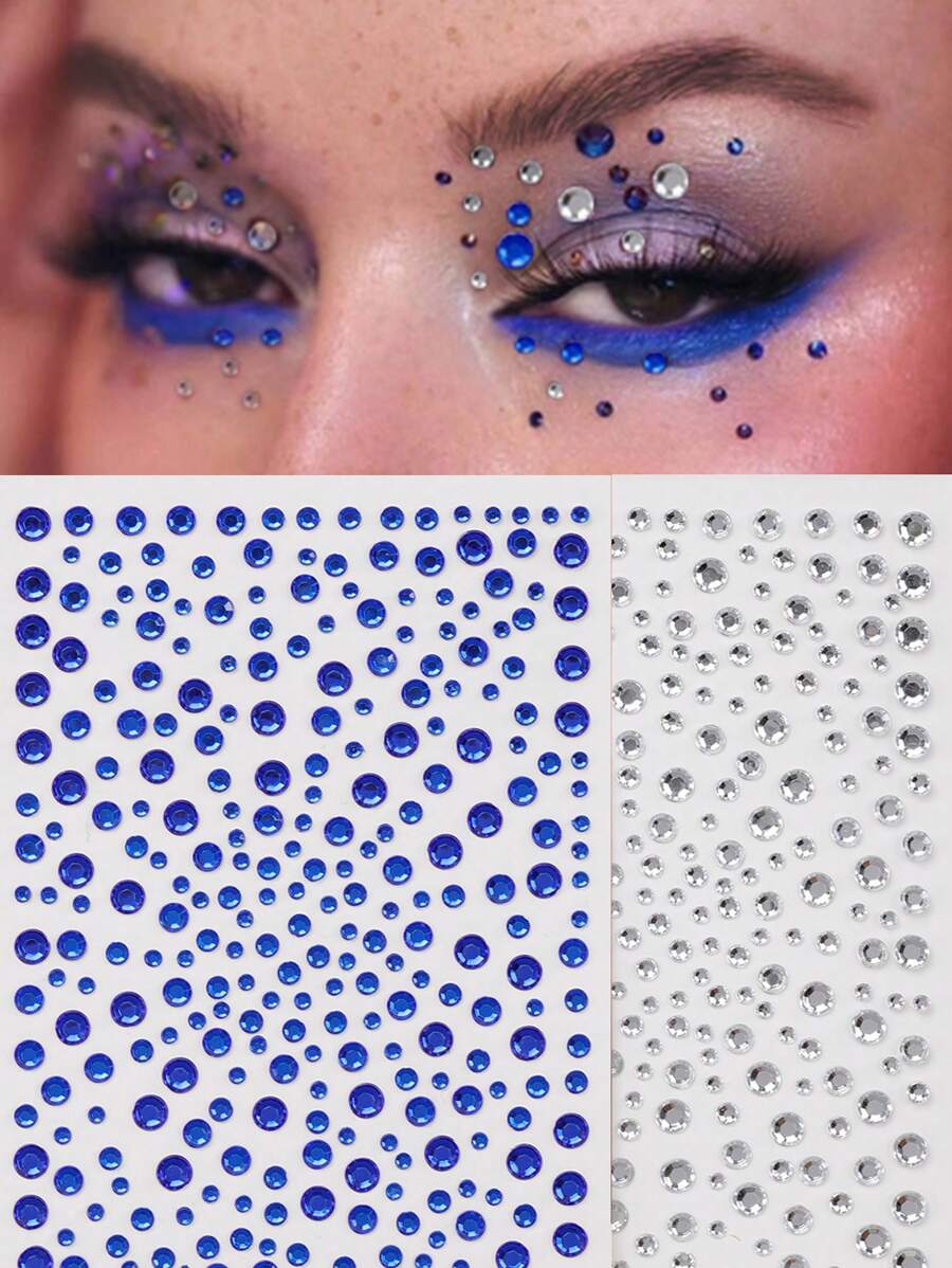 2PCS Multi-Particle Large Size Royal Blue 3D Starry Silver White Faux Rhinestone Facial Decoration Stickers, Festival Gift DIY Music Festival Party Makeup Ball Face Decoration Rhinestone Stickers - Multicolor - View 1