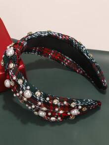 شريط رأس للنساء مزين بخرز اللؤلؤ الاصطناعي والراين، عقدة علوية واسعة، بنمط مربعات حمراء وخضراء، كاجوال وأنيق، مصنوع من ألياف البوليستر، شريط شعر للنساء
