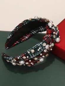 شريط رأس للنساء مزين بخرز اللؤلؤ الاصطناعي والراين، عقدة علوية واسعة، بنمط مربعات حمراء وخضراء، كاجوال وأنيق، مصنوع من ألياف البوليستر، شريط شعر للنساء