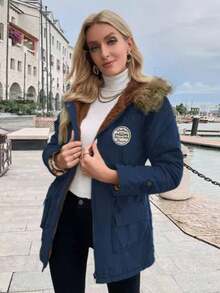 Chaqueta polar de algodón con capucha y manga larga Chaqueta de algodón para mujer - Azul - Ver 3