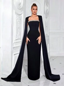 Vestido de fiesta formal de noche con faja de tubo y cintura alta, con abertura en la falda larga