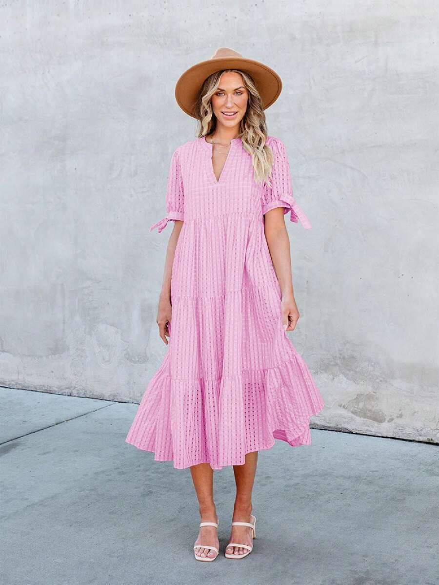 Easter Women Summer Casual V Neck Short Sleeve Midi Pleated Tiered Plaid Loose Maternity Holiday Picnic Long Dresses - 粉色 - 查看 1