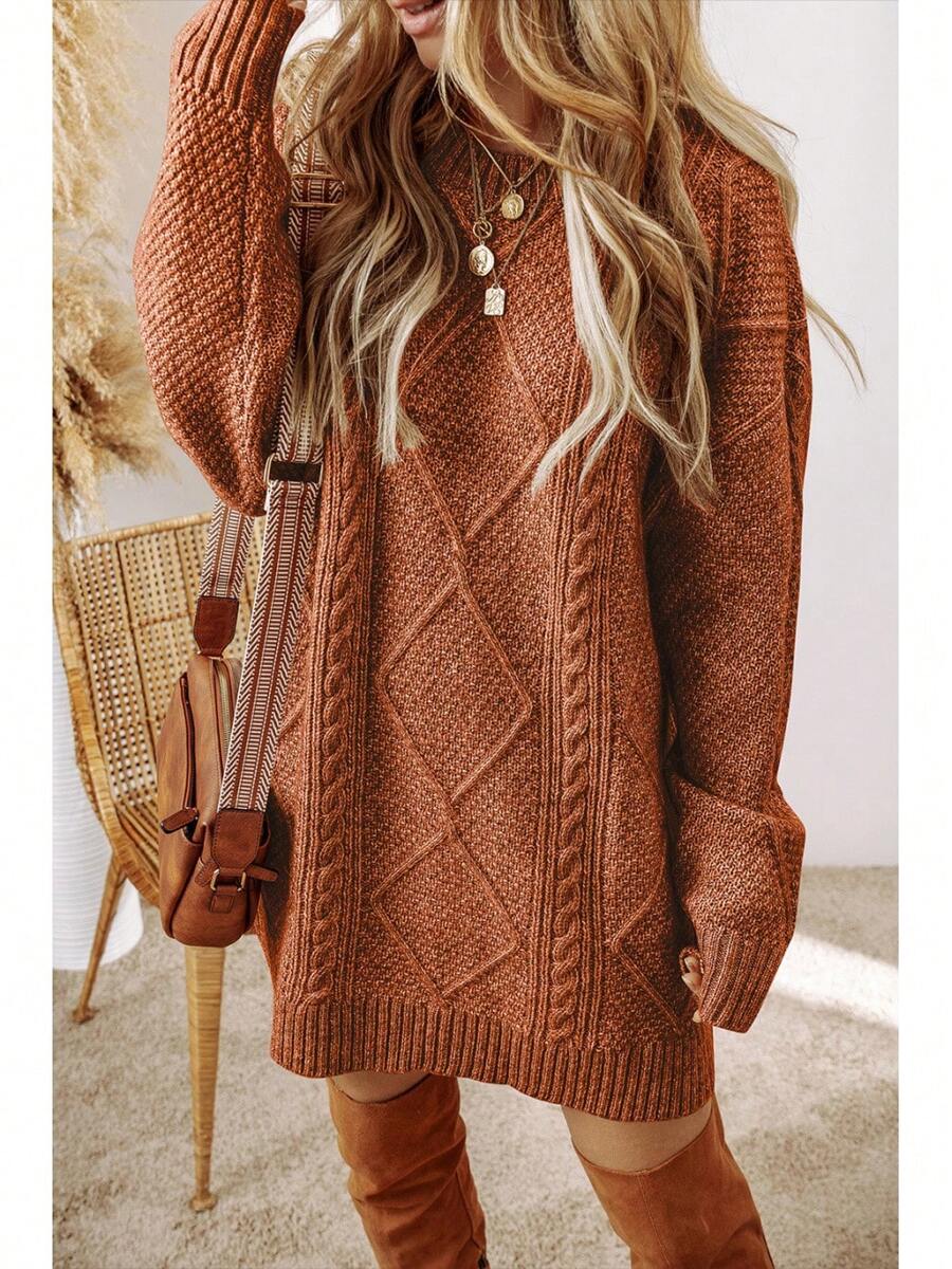 Loose And Lazy Style Dress Sweater Women's Fashion Twist Texture Knee-Length Skirt Women - 鏽棕色 - 查看 1