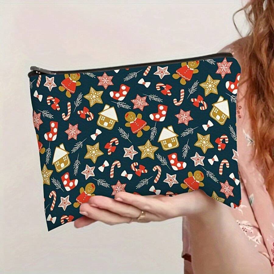 New Christmas Gingerbread Man Makeup Bag, Outdoor Portable Double-Sided Print Clutch Storage Bag, Cosmetics Toiletry Pouch - Navy Blue - View 1