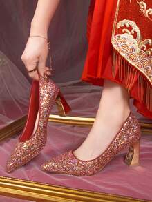 闪亮水钻亮片时尚性感红色高跟一脚蹬鞋，女士厚底粗跟尖头细高跟优雅银色鞋 - 紅色 - 查看 2