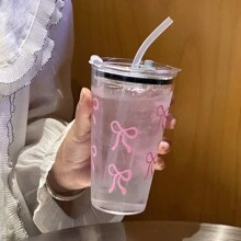 Bowknot Print Transparent Plastic Cup, Casual Water Bottle For Everyday Use Back To School