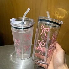 Bowknot Print Transparent Plastic Cup, Casual Water Bottle For Everyday Use Back To School