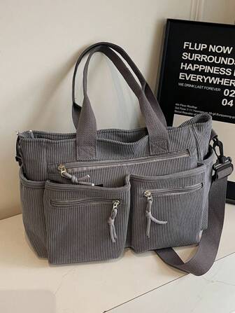 大容量简约灯芯绒单肩托特包，纯色大口袋，全新秋冬设计，艺术风格书包，适合女士或学生，适合书籍、购物、返校等