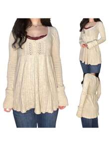 Women Autumn Knitted Tops Solid Color Long Sleeve Button Square Neck Tunic Blouse Sweaters
